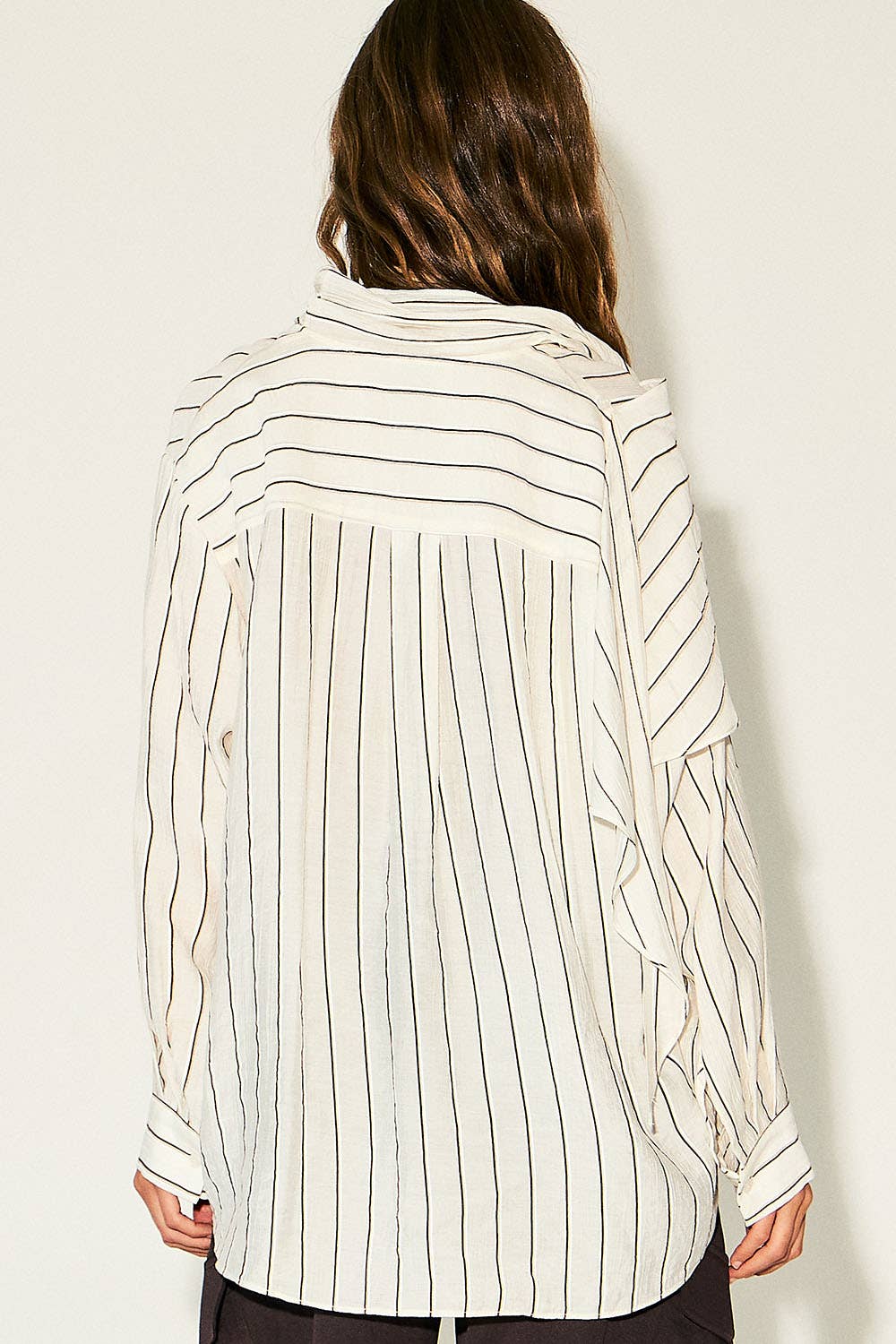 DRIPSEN - RT10064_Striped Shawl Detail Shirt: WHITE/BROWN / S