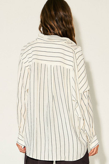 DRIPSEN - RT10064_Striped Shawl Detail Shirt: WHITE/BROWN / M