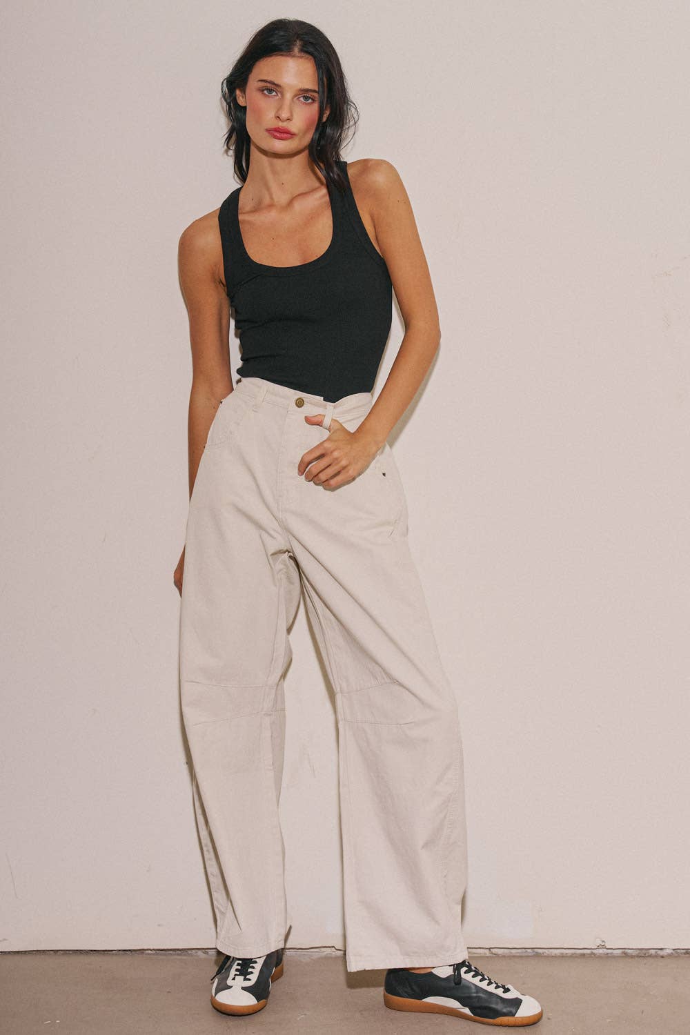 BEIGE BOTANY - A4108P-1 LADIES WOVEN COTTON WIDE LEG BARREL PANTS: Vintage Navy / S