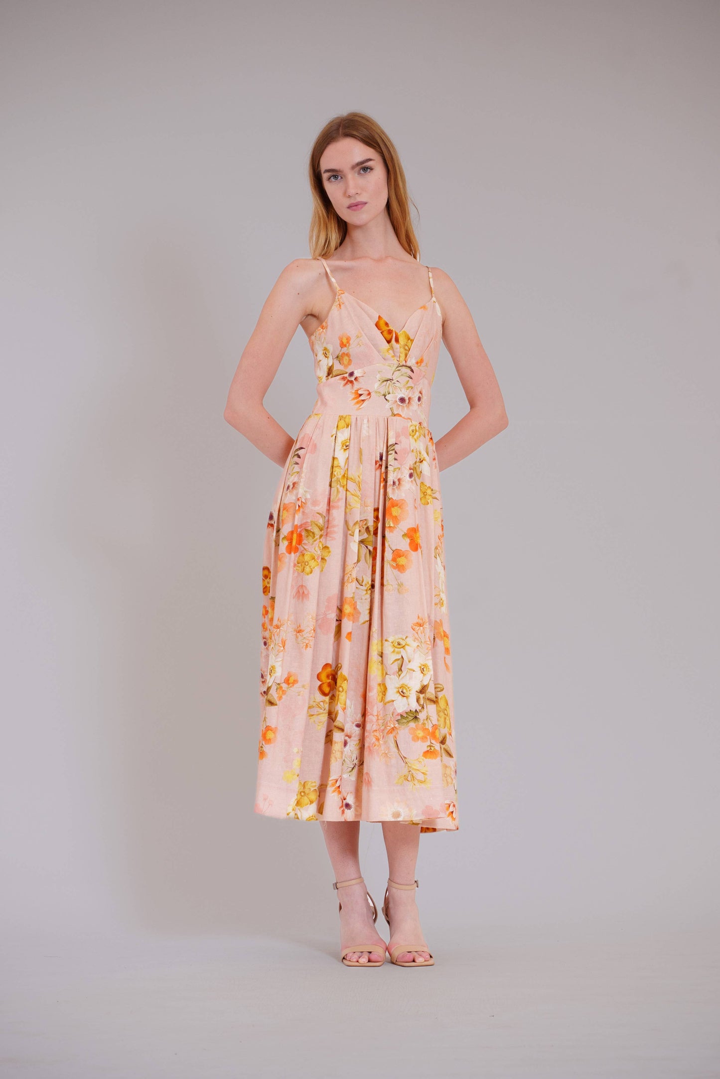 Julia Jordan - SLVLESS SWEETHEART EMPIRE PRINTED MIDI DRESS: BLUSH MULTI / 6