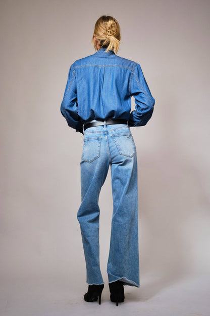 Blue B - 23612T - Tie Neck Hidden Button Chambray Blouse: MEDIUM WASH / S