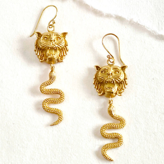 Bisjoux - Brass snake lion serpent dangle earrings handcrafted