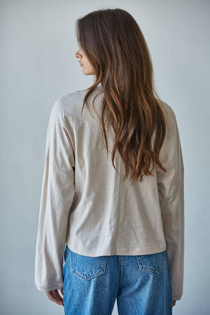 By Together - L8748 | Knit Cotton Mock Neck Long Wide Sleeve Top: Off White / L