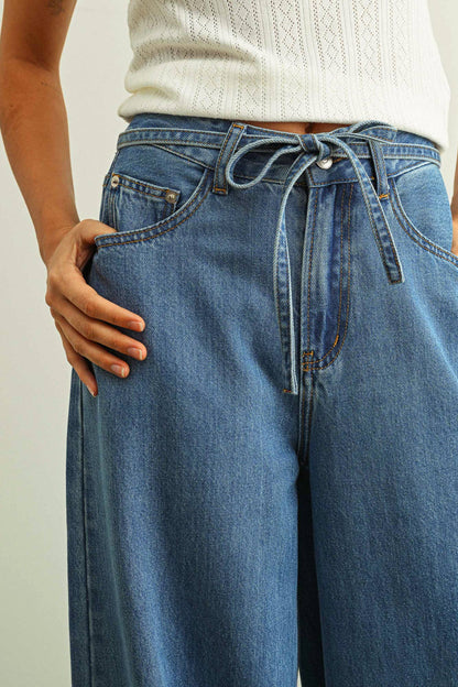 MIOU MUSE - P6402   WIDE LEG DENIM PANTS WITH SELF BELT: DENIM / M