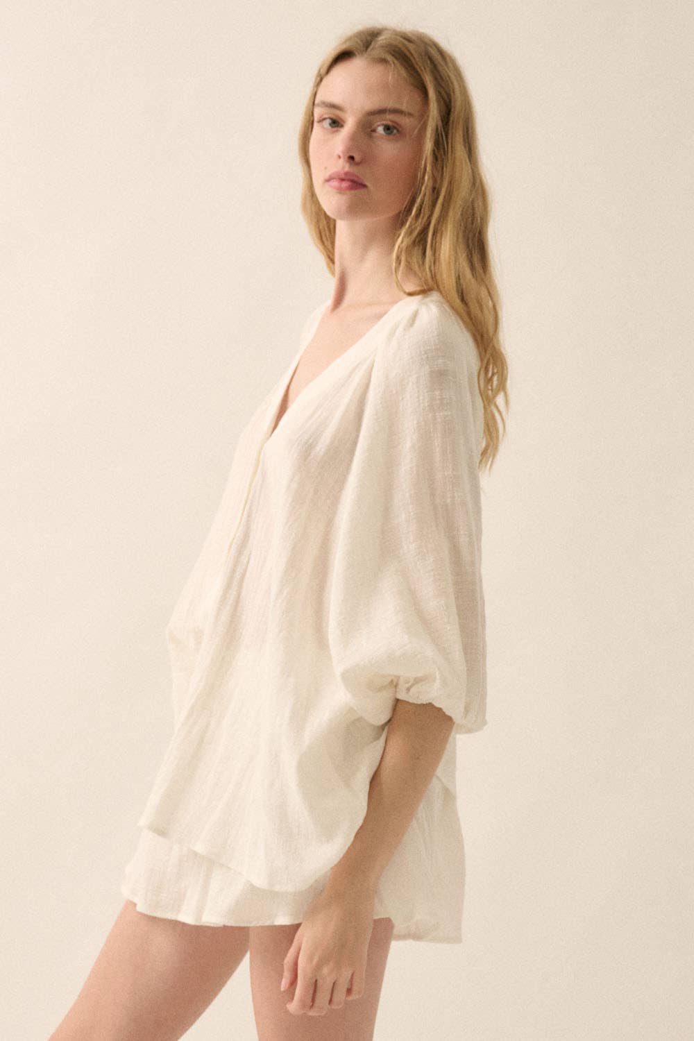 Promesa USA - Textured Button-Front Three Quarter-Sleeve Top: Off White / M