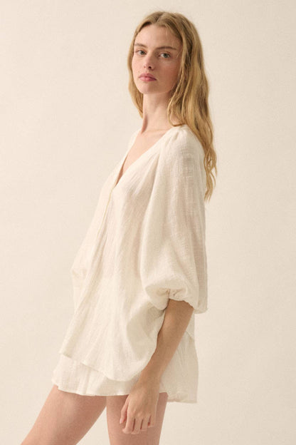 Promesa USA - Textured Button-Front Three Quarter-Sleeve Top: Off White / M