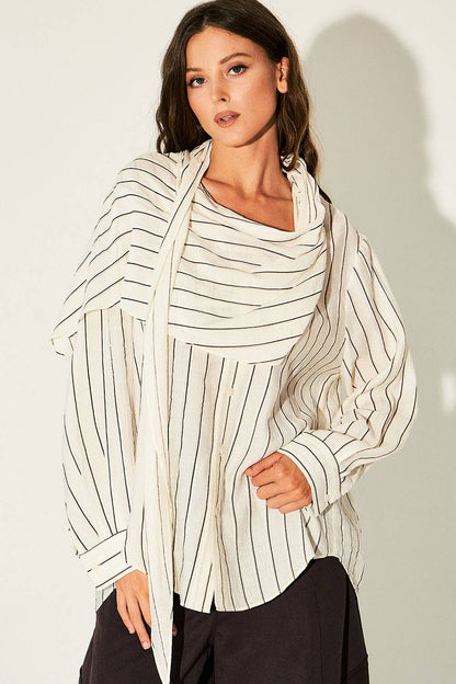DRIPSEN - RT10064_Striped Shawl Detail Shirt: WHITE/BROWN / S