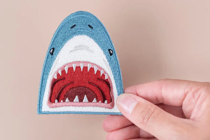 Field Trip Threads - Shark Face Embroidered Iron-On Patch Teeth Ocean Beach Coast