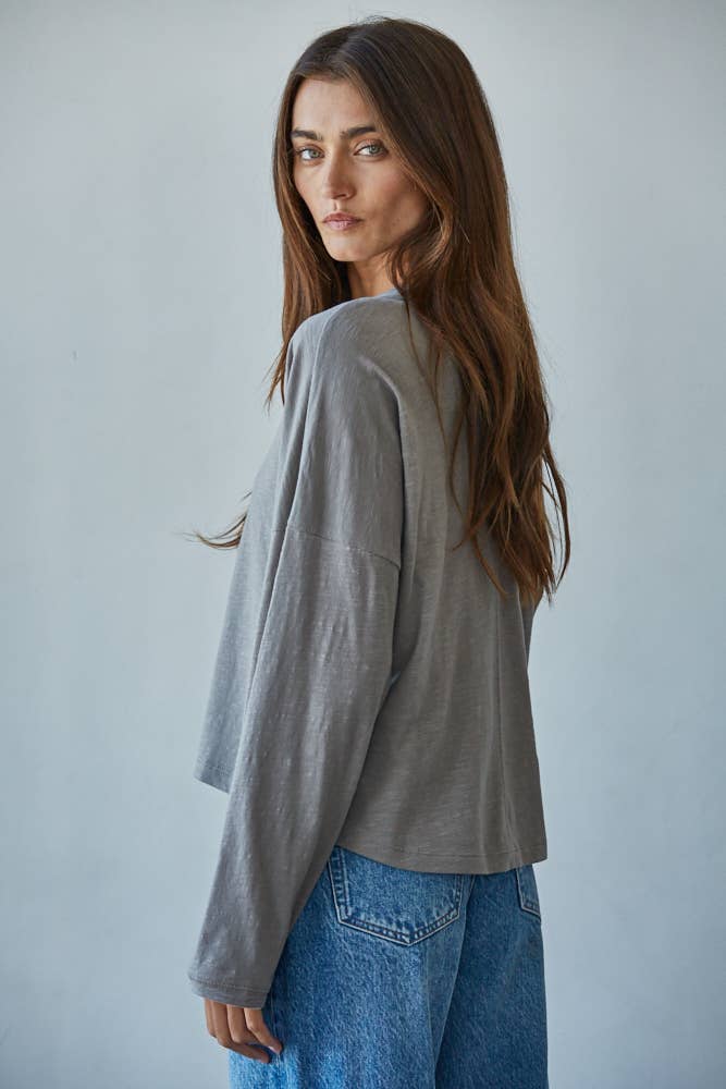 By Together - L8748 | Knit Cotton Mock Neck Long Wide Sleeve Top: Deep Taupe / L
