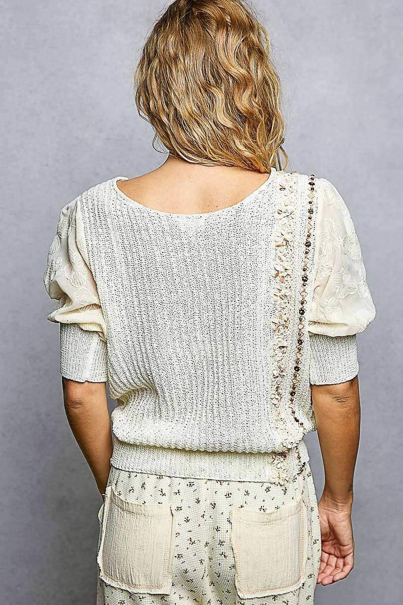 Pol Clothing - Balloon Sleeve bead Trim Point Acrylic Sweater Top : Black / M