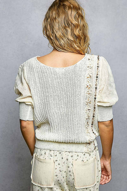 Pol Clothing - Balloon Sleeve bead Trim Point Acrylic Sweater Top : Black / L