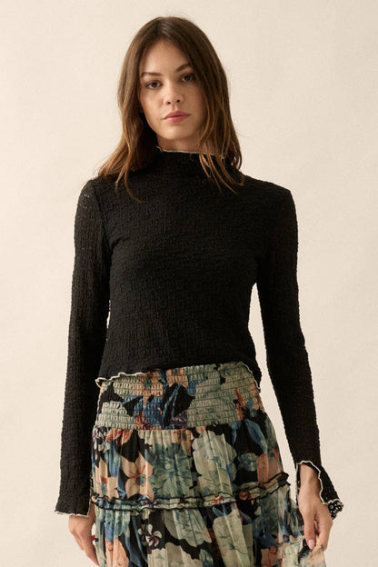 Promesa USA - Textured Floral Lace Cropped Mock Neck Top: Black / S