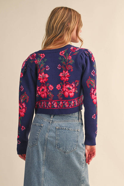 &MERCI - FLORAL KNIT TIE-FRONT CROPPED SWEATER CARDIGAN MSW11133: Brick Red Floral / L