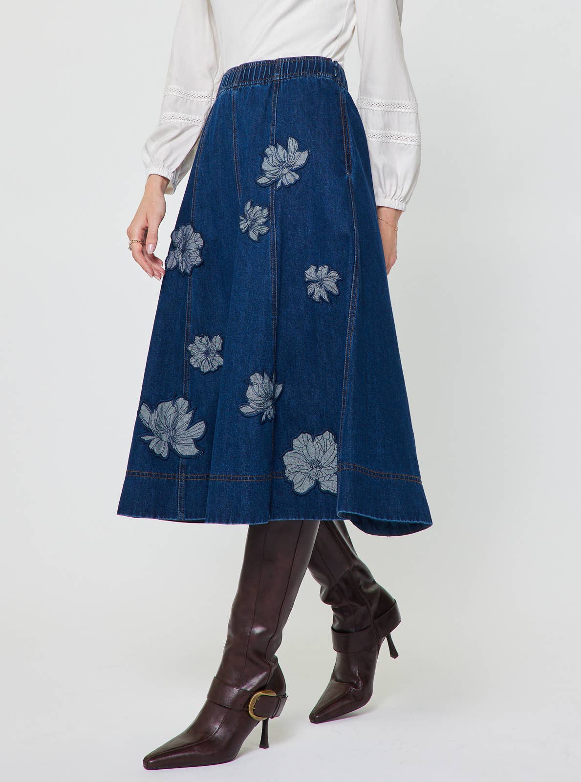 Current Air - Floral Embroidery Patch Denim Midi Skirt: Denim / M