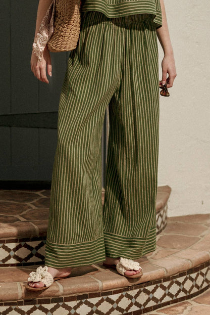 MIOU MUSE - P6358ST   STRIPED PRINT STRAIGHT WIDE LEG PANTS: GREEN / M