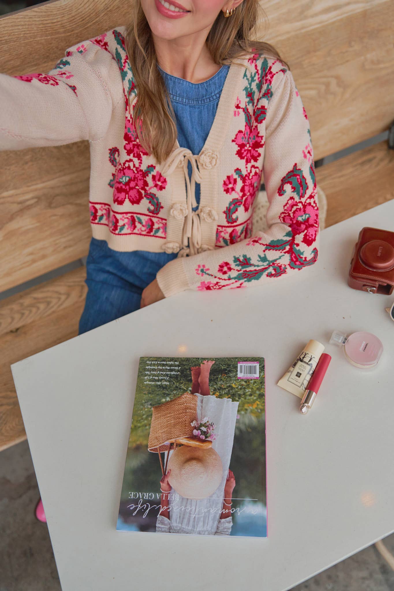 &MERCI - FLORAL KNIT TIE-FRONT CROPPED SWEATER CARDIGAN MSW11133: Brick Red Floral / S