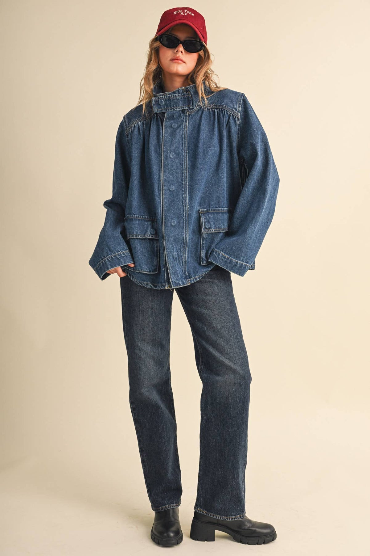 &MERCI - DENIM STAND COLLAR UTILITY JACKET MJK5157: DARK VINTAGE BLUE / S