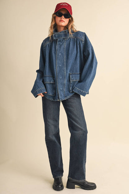 &MERCI - DENIM STAND COLLAR UTILITY JACKET MJK5157: DARK VINTAGE BLUE / M