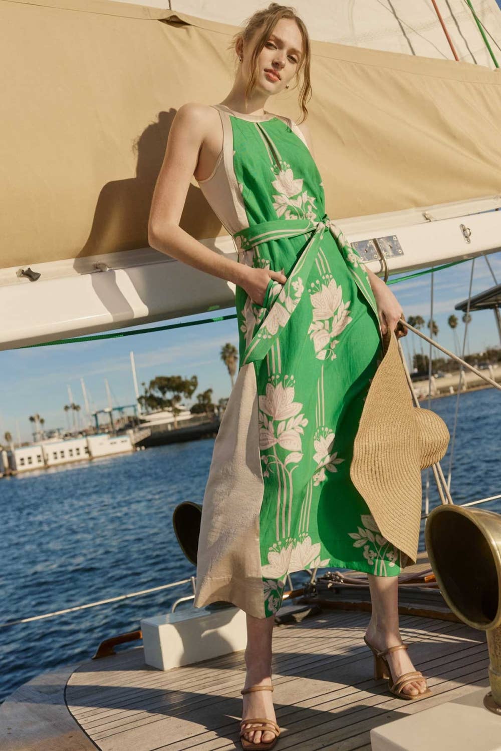 Current Air - Floral Print Halter Neck Midi Dress: JADE GREEN MLT / XS