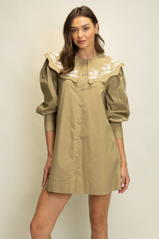 Heyson - JOD1227 Embroidered Collar Puff Sleeve Shirt Dress: PLUM / S-M-L (2-2-2)