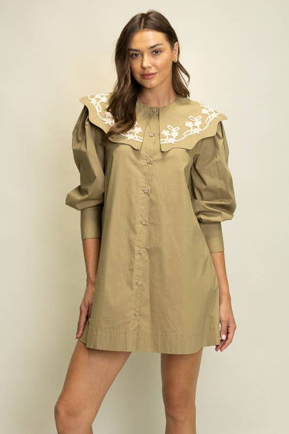 Heyson - JOD1227 Embroidered Collar Puff Sleeve Shirt Dress: PLUM / S-M-L (2-2-2)