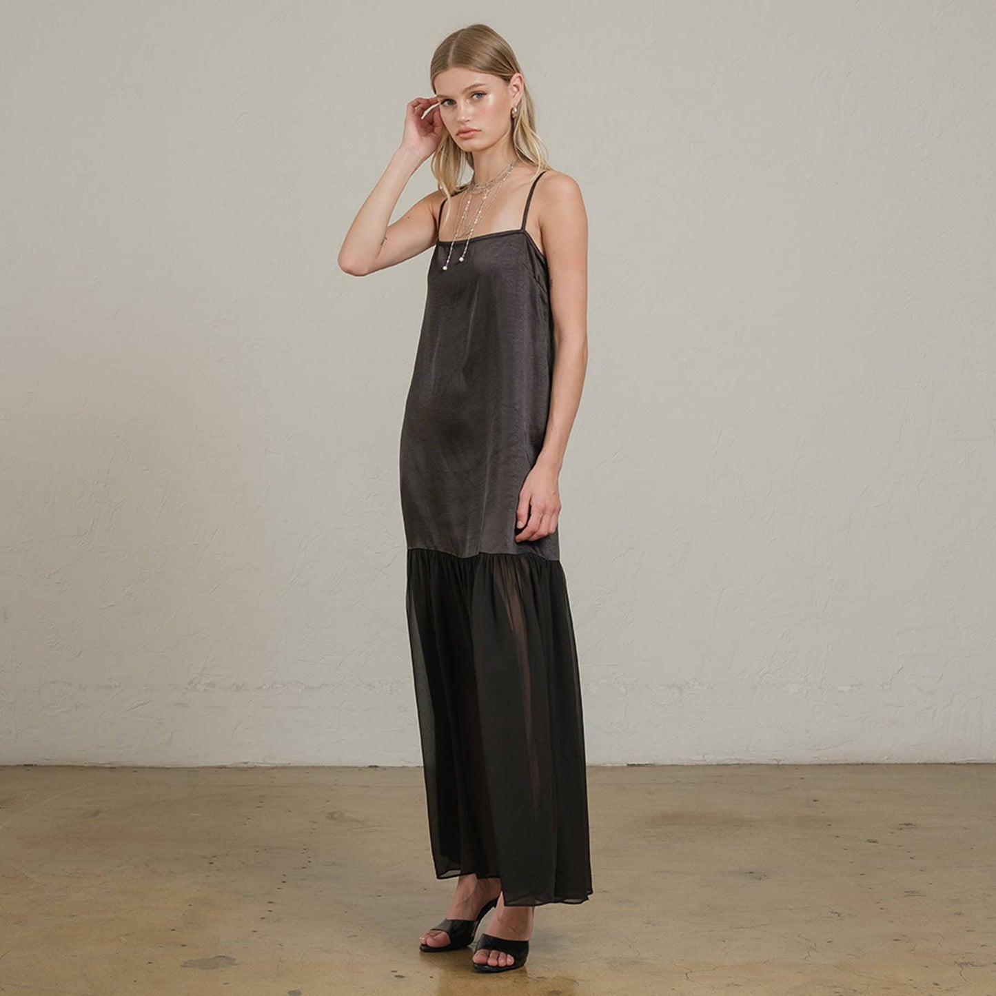RAISONNEL - Satin Sheer Hem Maxi Slip Dress - RD1266: Black / S-M-L (3-2-1)