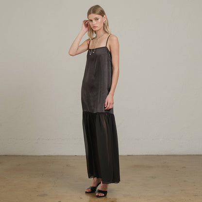 RAISONNEL - Satin Sheer Hem Maxi Slip Dress - RD1266: Black / S-M-L (3-2-1)