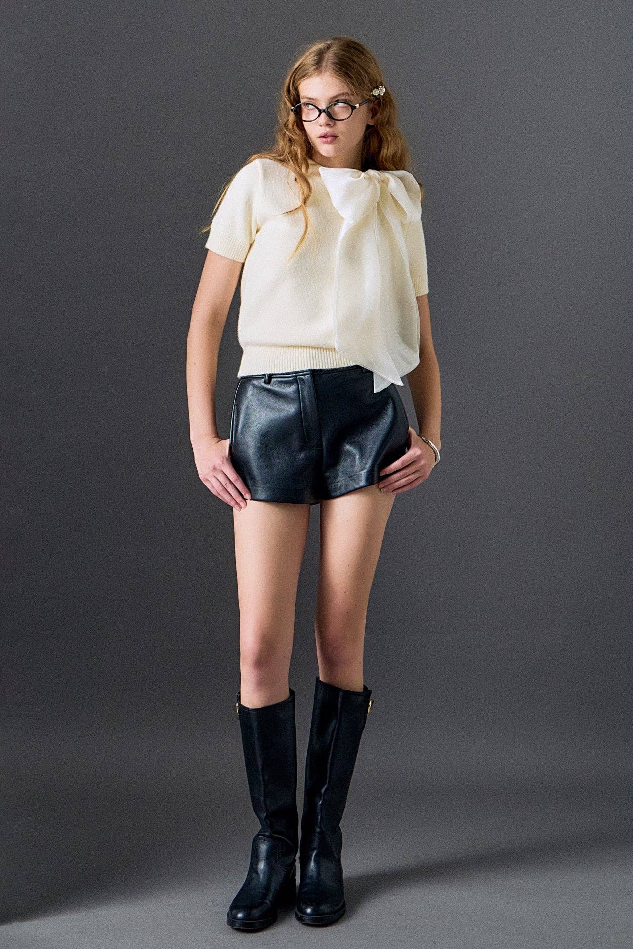 English Factory - Bow Accent Puff Sleeve Knit Top: CREAM / XS