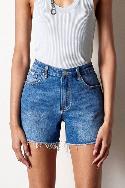 Insane Gene USA - High Rise Trim Midi Stretch Denim Shorts: M