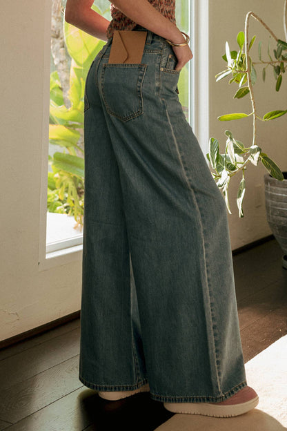 MIOU MUSE - P6402   WIDE LEG DENIM PANTS WITH SELF BELT: DENIM / L