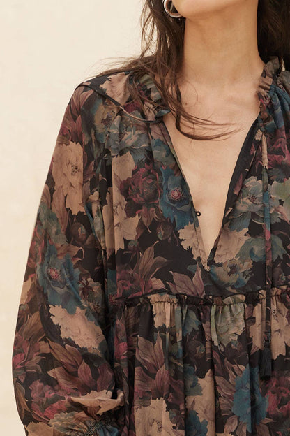 Promesa USA - Floral-Print Tiered Ruffle Long-Sleeve Midi Dress: SAND / L