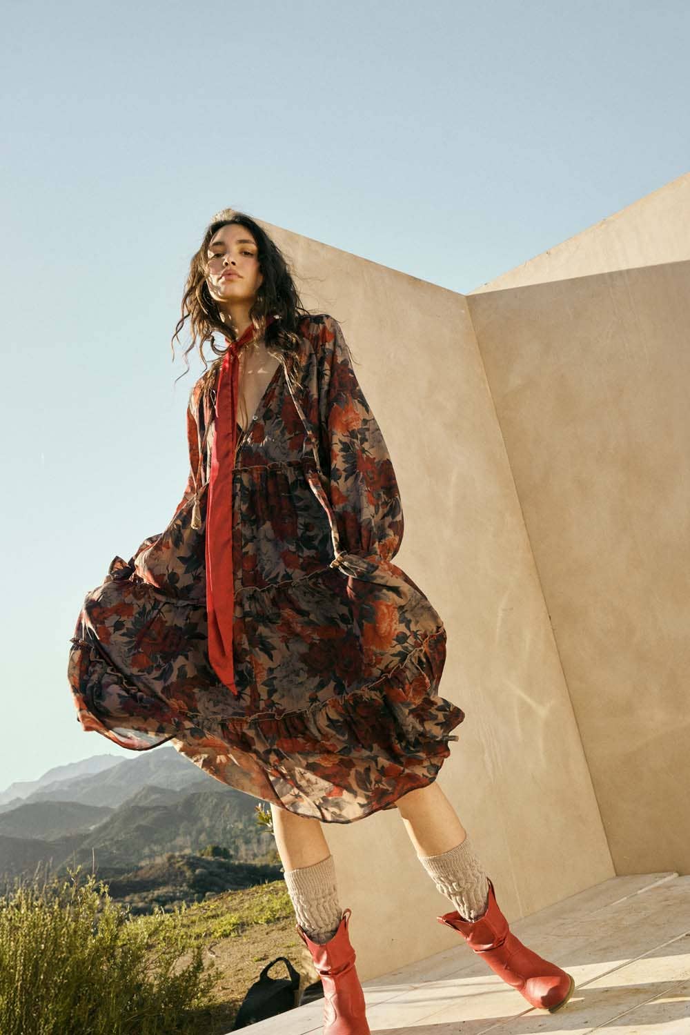 Promesa USA - Floral-Print Tiered Ruffle Long-Sleeve Midi Dress: SAND / S