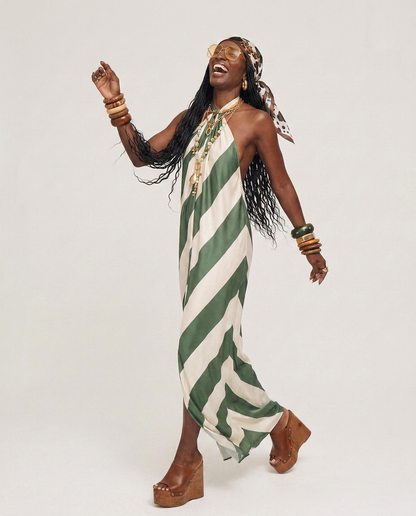Boho Brown - Liberated Striped Halter Maxi Dress: Green / M