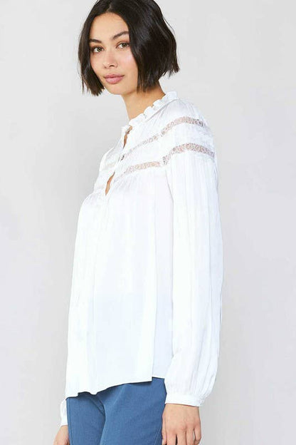 Current Air - Lace Detailed Button Down Blouse: Slate Navy / M