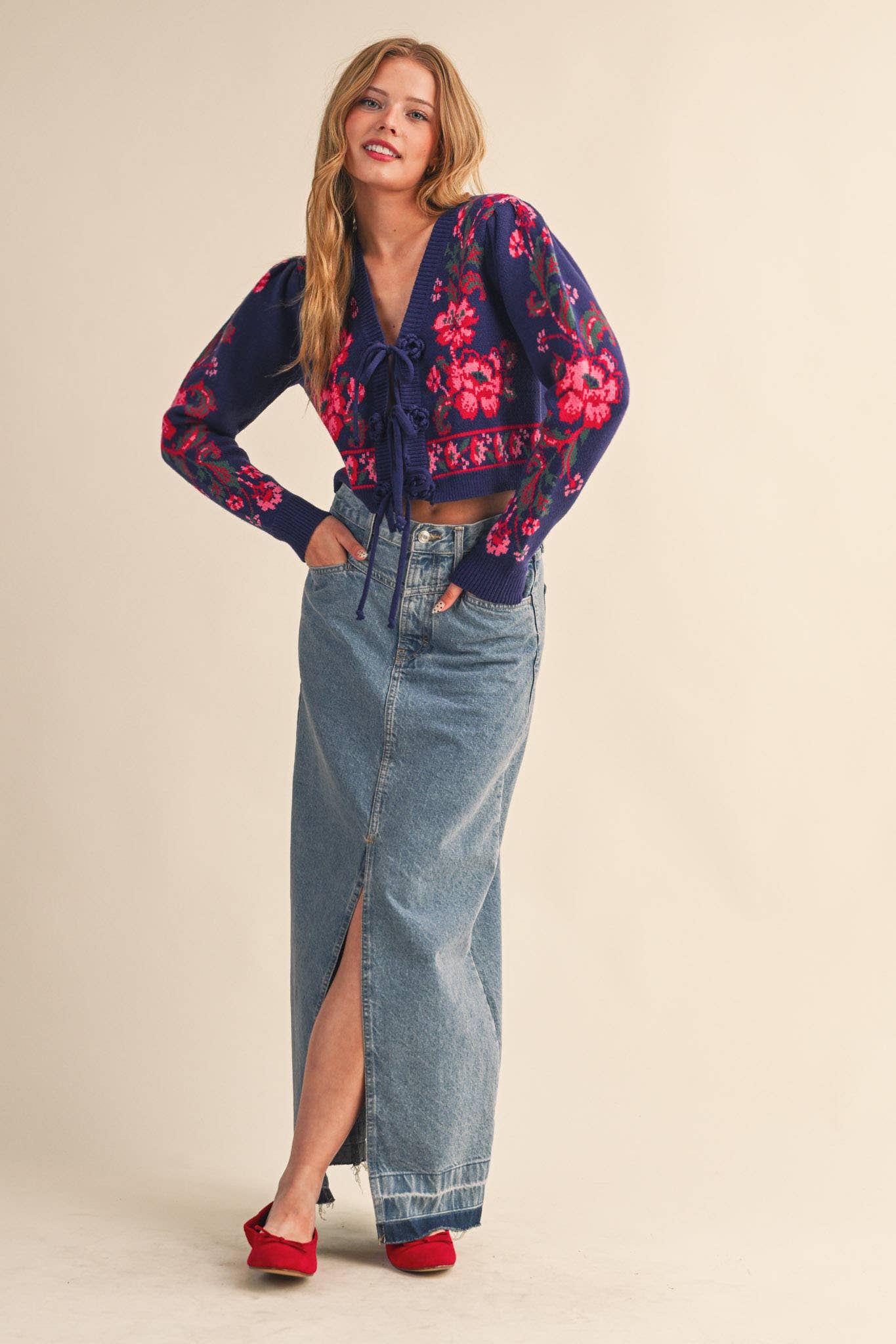 &MERCI - FLORAL KNIT TIE-FRONT CROPPED SWEATER CARDIGAN MSW11133: Brick Red Floral / L