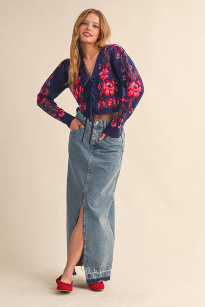 &MERCI - FLORAL KNIT TIE-FRONT CROPPED SWEATER CARDIGAN MSW11133: Brick Red Floral / L