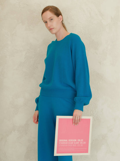 Lèmme - Ribbed crewneck sweater in cashmere blend with balloon sleeves: Ceruleo / L