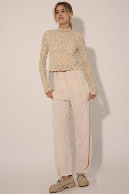 Promesa USA - Textured Floral Lace Cropped Mock Neck Top: Black / L