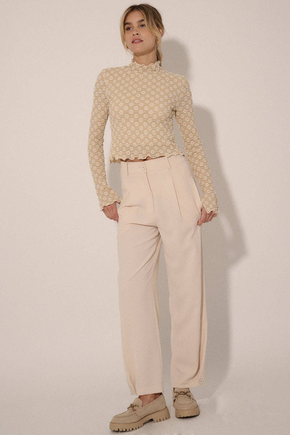 Promesa USA - Textured Floral Lace Cropped Mock Neck Top: Black / S