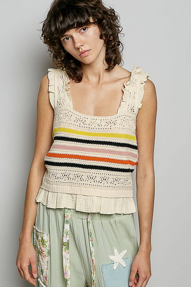 Pol Clothing - Sleeveless Striped Ruffle Cropped Thin Sweater Knit Top: NATURAL / S
