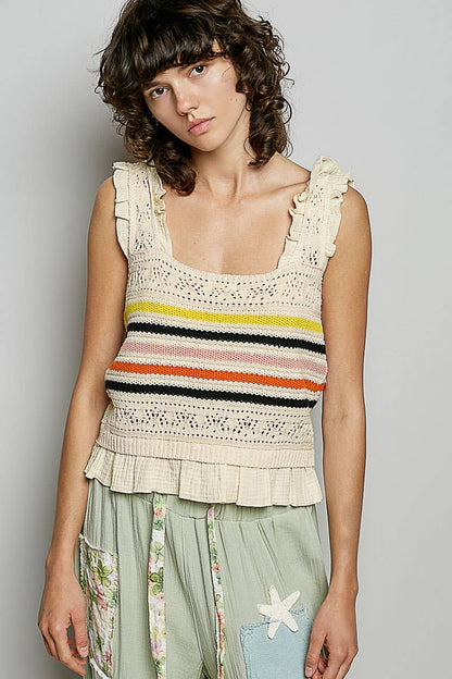 Pol Clothing - Sleeveless Striped Ruffle Cropped Thin Sweater Knit Top: NATURAL / S