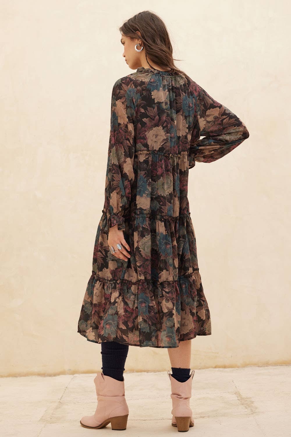 Promesa USA - Floral-Print Tiered Ruffle Long-Sleeve Midi Dress: SAND / L