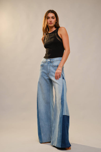 Blue B - 91673P - High Rise Super Wide Leg Color Block Jeans: MEDIUM WASH / S-M-L (2-2-2)