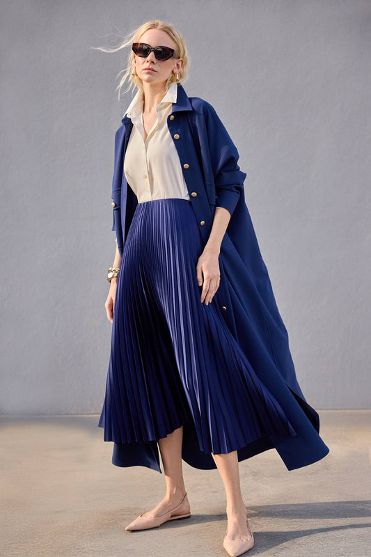 Touché Privé - PLEATED SKIRT - MAXI LENGTH, HIGH WAIST: Navy Blue / Standart