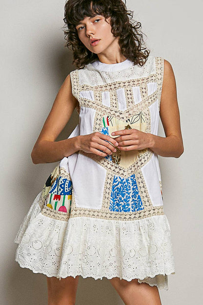 Pol Clothing - Boho Printed Scalloped Edge Eyelet Lace Mini Dress: NATURAL MULTI / L