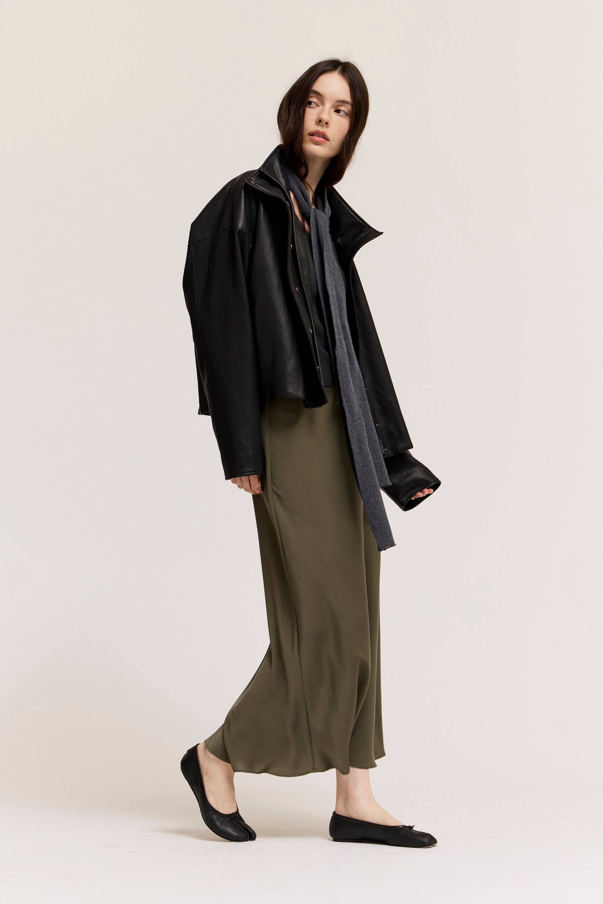 Grade & Gather - 80504LE - HIGH COLLAR SNAP BUTTONS UP VEGAN LEATHER JACKET: ASH OLIVE / Contemporary / L