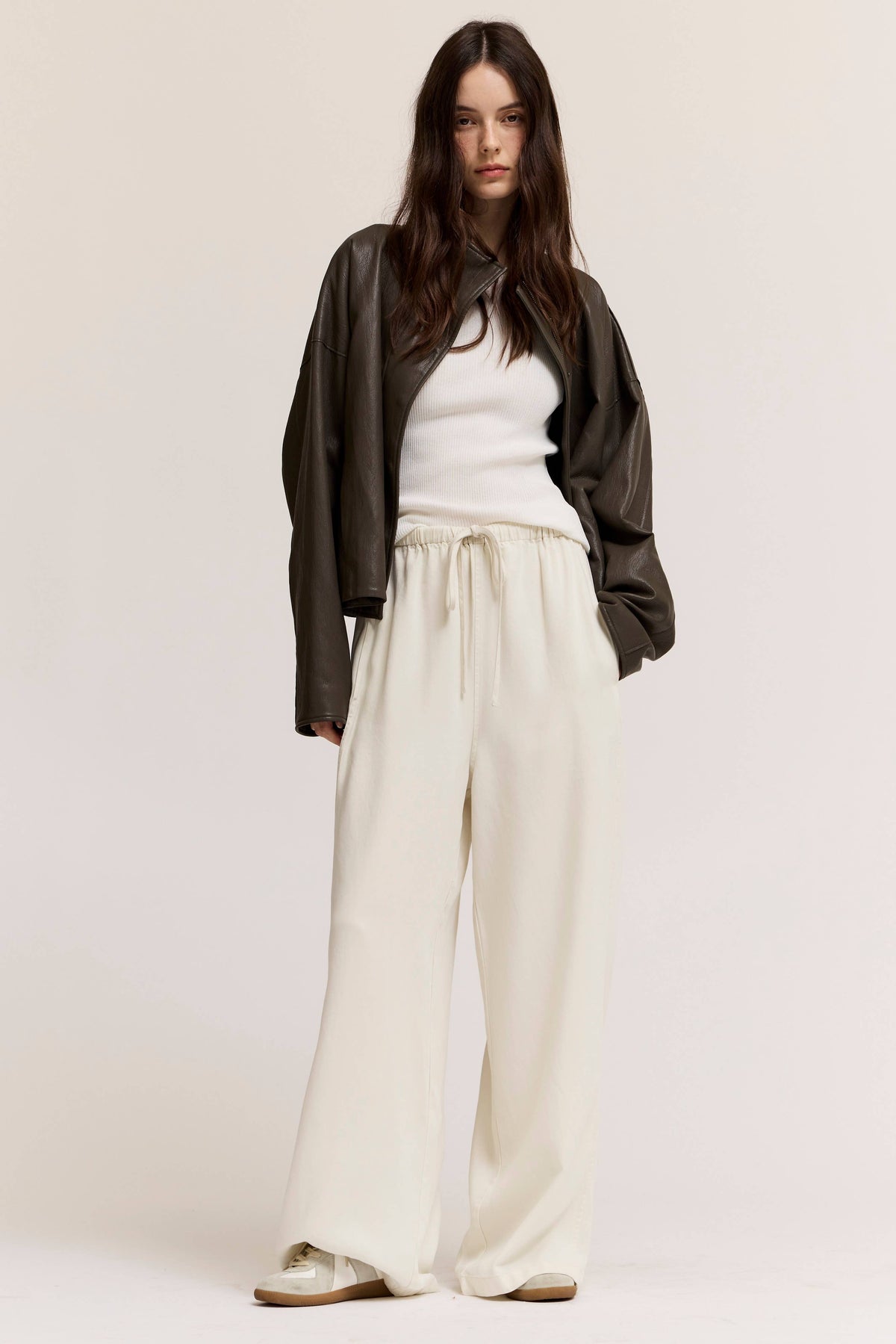 Grade & Gather - 80504LE - HIGH COLLAR SNAP BUTTONS UP VEGAN LEATHER JACKET: ASH OLIVE / Contemporary / S