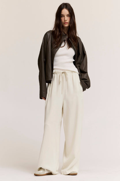 Grade & Gather - 80504LE - HIGH COLLAR SNAP BUTTONS UP VEGAN LEATHER JACKET: ASH OLIVE / Contemporary / S