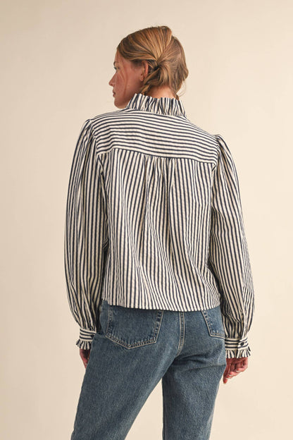 &MERCI - STRIPED RUFFLED BUTTON DOWN LONG SLEEVE TOP MTP4319: Denim Blue Stripe / S