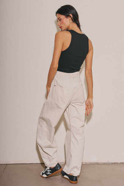 BEIGE BOTANY - A4108P-1 LADIES WOVEN COTTON WIDE LEG BARREL PANTS: Vintage Navy / L